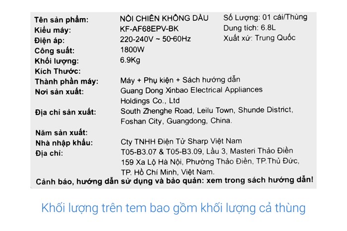 Nồi chiên không dầu Sharp 6.8 lít KF-AF68EPV-BK
